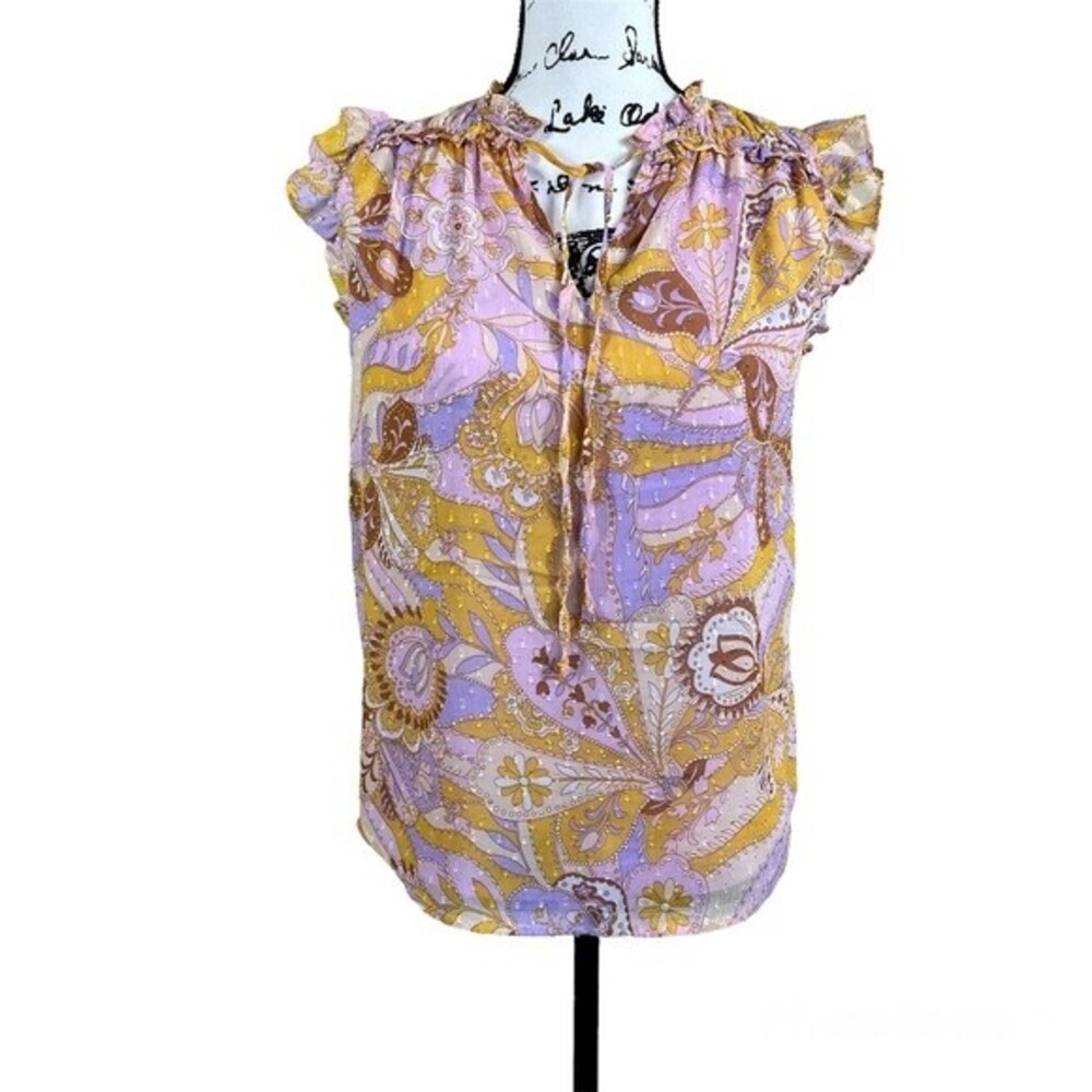 Maison d' Amelie yellow blouse purple paisley print top flutter sleeve size S
